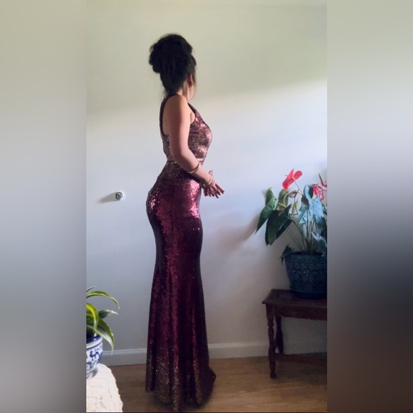 Crystal Doll Maroon and Gold Sequin Maxi Dress - Picture 3 of 5